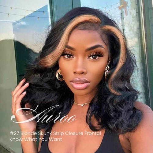 AUROO Honey Blonde Highlight 5x5 Lace Closure Only Human Hair Body Wave, 12A Virgin #27 Ombre Skunk Stripe HD Transparent Lace Closure Pre Plucked with Baby Hair Larger Parting (150% Density, 12 IN)