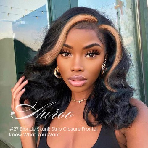 AUROO 13x6 Ombre Human Hair Frontal Only (150% Density, 18 IN), 12A Virgin Highlight Ear to Ear Lace HD Transparent Body Wave #27 Honey Blonde Skunk Stripe Frontal Pre Plucked Larger Free Deep Parting