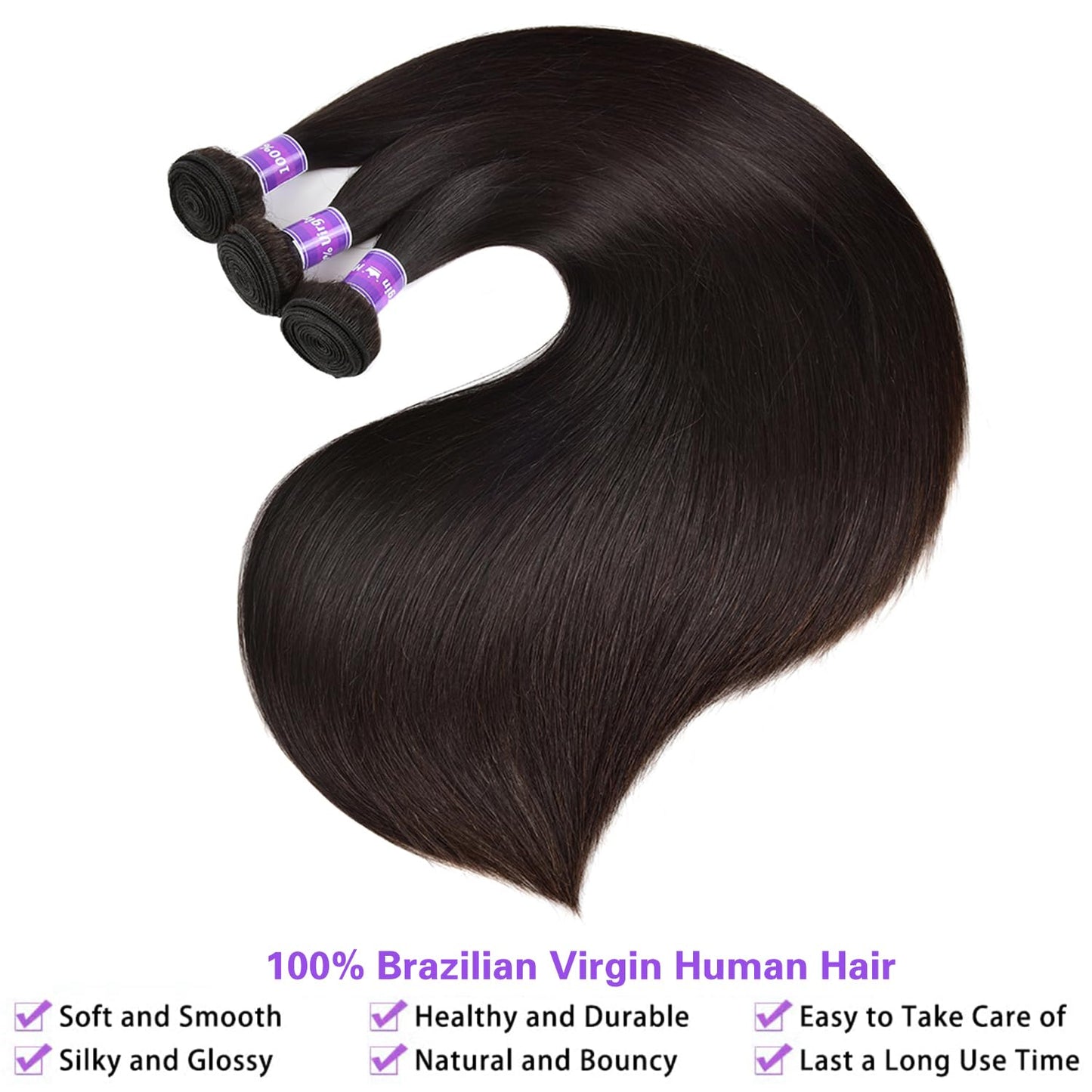 10A Human Hair Bundles 26 28 30 Inch Straight 3 Bundles Human Hair Brazilian Virgin Hair Weave Bundles Human Hair Extension 100% Unprocessed Weave Bundles Double Weft Natural Black