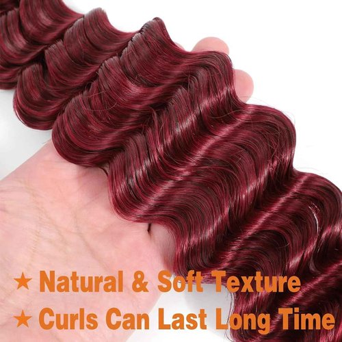 Fabimiya Curly Burgundy Braiding Human Hair 100g 18 Inch 99J Burgundy Deep Water Wave Bulk Human Hair for Braiding 10A No Weft Brazilian Virgin Deep Curly Human Hair Extensions for Boho Braids