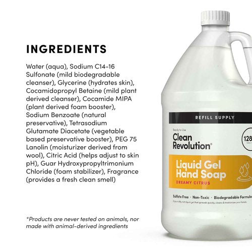 Clean Revolution Liquid Gel Hand Soap, Silky Rich Liquid, Quick Lather, Fast Rinsing, (Dreamy Citrus) 128 Fl Oz, 4 Pack - Made in USA