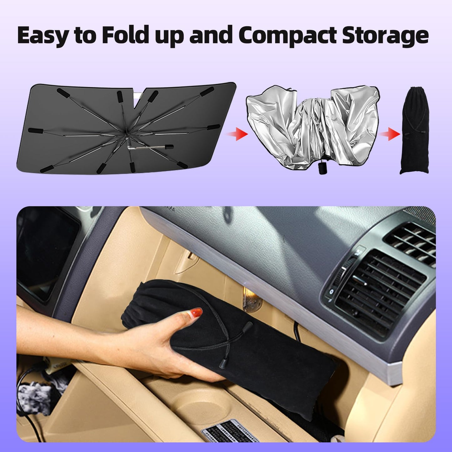 2025 Windshield Sun Shade Umbrella, Foldable Car Sunshade for Mid-Size Sedan, 360 Rotating Automotive Interior Sun Protection for 99% Heat UV Blocking, Auto Heat Shield Accessories(Medium)