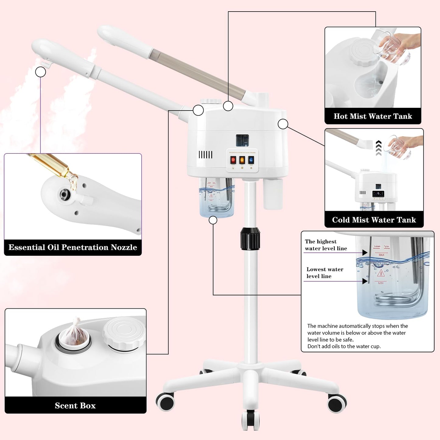 Professional Facial Steamer, 2 in 1 Face Steamer with Cold & Hot Mist, Ozone Facial Steamer with Timer Function, Stand Face Steamer Adjustable Height for Spa, Salon and at Home use