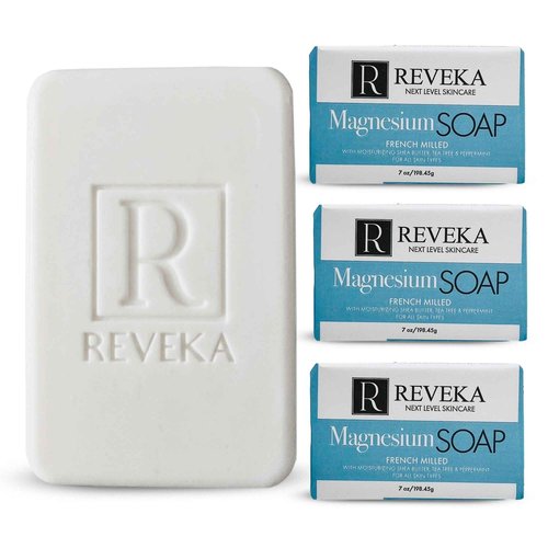 Reveka Skincare Magnesium Soap – 4-in-1 Natural Bar for Face, Body, Hair & Shaving | Triple-Milled with Shea Butter | USA-Made Peppermint Soap | 4 Pack (7 oz Each)