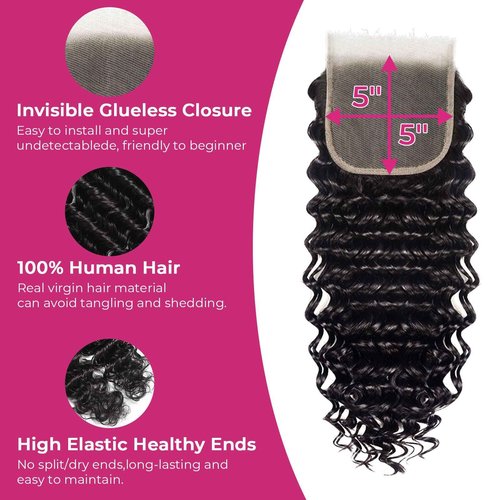 FalaFala SKINLIKE REAL HD Lace 5x5 Closure Deep Wave Swiss HD Lace Closures Only Ultra-thin Melted Virgin Human Hair Natural Black Baby Hair Pre Plucked Serrated Edge 18 Inch