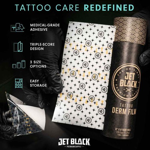 Jet Black Derm Film Tattoo Aftercare Wrap (10" x 8 yd) – Breathable Waterproof Adhesive Bandage with Triple-Score Backing, Easy-Dispense Tube, Hypoallergenic Tattoo Healing Film