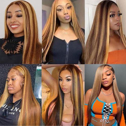 Mysyty Highlight Straight 13x4 HD Lace Front Wig 4/27 Straight Lace Frontal Wigs Human Hair Pre Plucked With Baby Hair Honey Blonde Ombre Wig For Women Glueless Wig Human Hair 24 Inch 180% Density