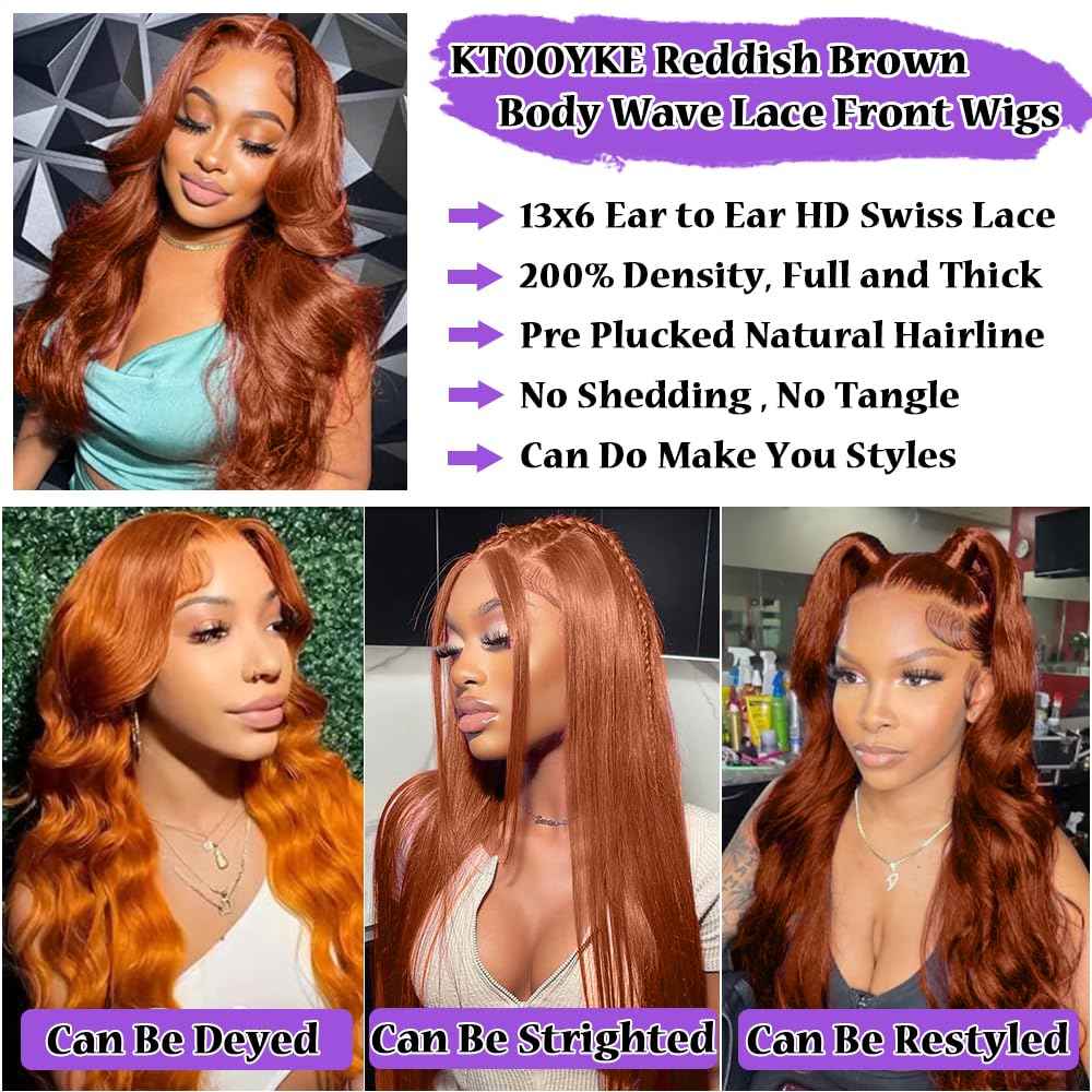 KTOOYKE 30 Inch Reddish Brown Lace Front Wigs Human Hair Body Wave 13x6 Hd Transparent Lace Front Wigs Human Hair Pre Plucked with Baby Hair 200% Density Auburn Human Hair Lace Front Wigs