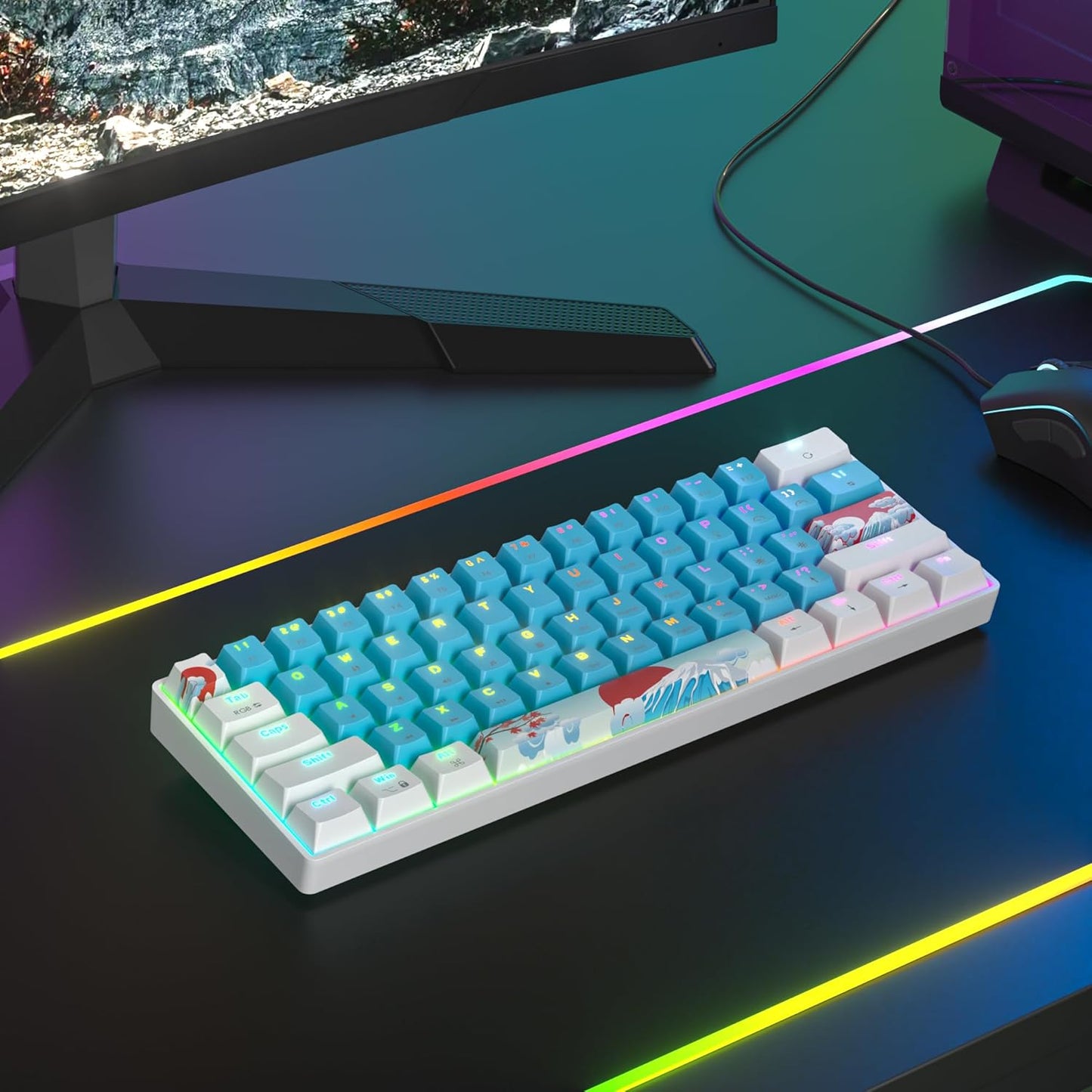 60 Percent Keyboard Mechanical RGB Backlit Wired 60% Gaming Keyboard Blue with PBT Keycaps for Windows PC Gamers (Sea/Red Switch)