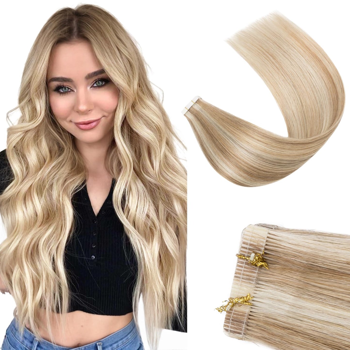 Human Hair Tape in Extensions-Double Stitched,SLEEKALON Free-cut Mini Tape ins Real Hair Extension Highlights Bleach Blonde mix Brown Seamless Straight Double Side Tape Hair-16 Inch,20pcs 50g,#12P613