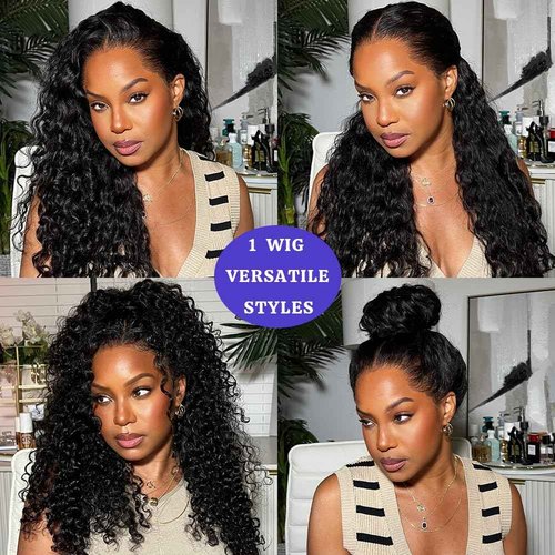 RJAOB 360 Lace Front Wigs Human Hair Invisi Strap 180 Density Deep Wave Lace Front Glueless Wigs Human Hair Pre Plucked with Drawstring 360 HD Full Lace Frontal Wigs For Women 20 Inch