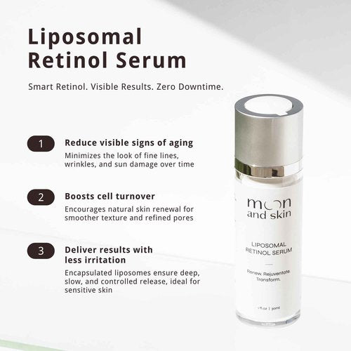 Moon and Skin Liposomal Retinol Serum Encapsulated Vitamin A Complex for Face and Neck Night Repair Gentle Fast-Absorbing Age-Defying Smoothing and Renewing Airless Pump 1 fl oz