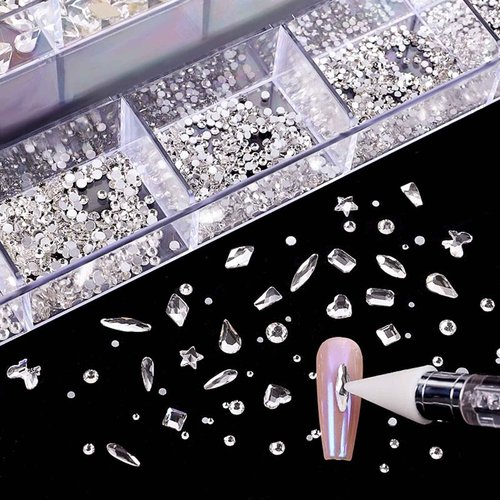 Nail Art Rhinestones, Nail Gems and Rhinestones Kit with Wax Pencil Flatback AB Rhinestones for Nails, Crafts, Makeup, Face, Clothes, Shoes