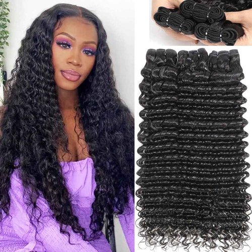 Troskamar Deep Wave Bundles Human Hair 12A Brazilian Curly Human Hair 3 Bundles for Black Women 20 22 24 Inch 100% Unprocessed Wet and Wavy Bundle