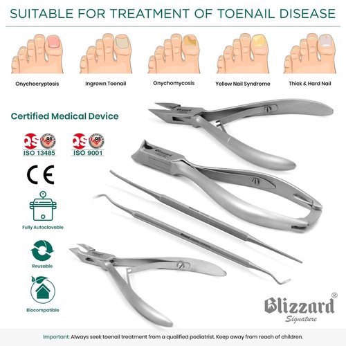 Podiatry Tool Kit by Blizzard – 5 Piece Set with Concave Arrow and Flame Toenail Nippers, Blacks File and Probe - German Forged Instruments - Hospital Grade