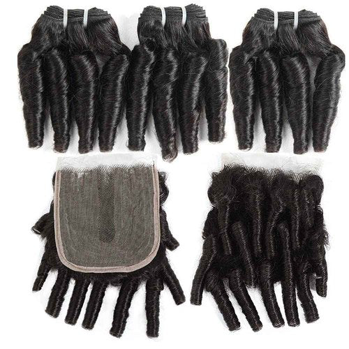Molefi Brazilian Funmi Hair Curly Weave 3 Bundles with Lace Closure 2x4 T Burmese Curly Bundles Human Hair with Closure 100% Human Hair Extensions 100g/pc Natural Black (10 12 14+10)