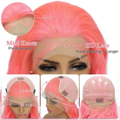 Pink Lace Front Wig Human Hair 200 Density Body Wave 13x4 HD Lace Front Wigs Human Hair Colored Pink Wig Human Hair Pre Plucked with Natural Hairline Anti-Shedding Freestyle Part for Parties 22 Inch