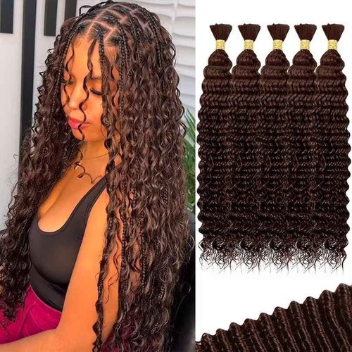 12A #4 Chocolate Brown Human Braiding Hair for Boho Braids 5 Bundles 18 Inch 160g Deep Wave Braiding Hair for Bohemian Knotless Braids 100% Unprocessed Virgin Bulk Hair Extensions No Weft