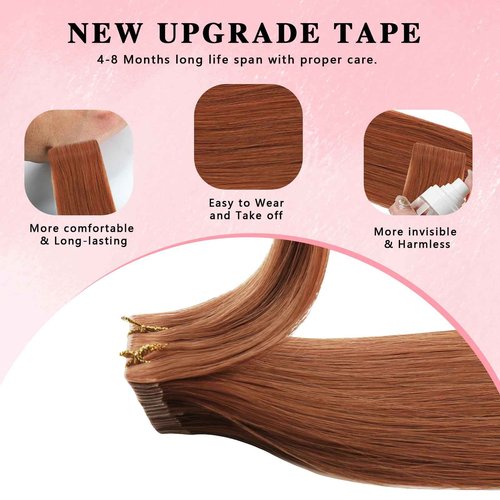 ABH AMAZINGBEAUTY HAIR Invisi Edge Tape in Hair Extensions Real Human Hair, Seamless Injected Hand-Tied Virgin Human Hair Pro Quality Tape ins 20PCS 50G/Pack, Auburn Color #30 18 Inch