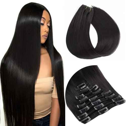 24INCH Clip In Hair Extensions Real Human Hair, Remy Human Hair Extensions 8PCS Long Soft Natural Hair piece 14-28 Inch Straight Hair Extension for Women(80g-120g 1B# Natural Black)