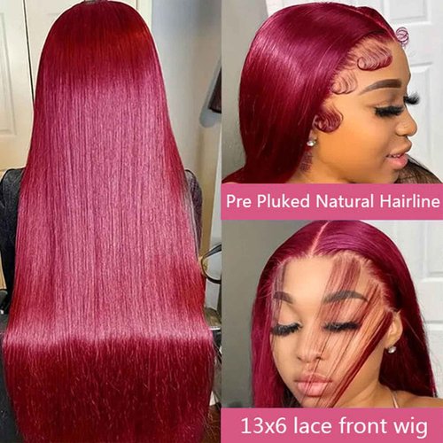 Fiumer Burgundy Wig Human Hair 28inch 13x6 HD Transparent Lace Straight 99J Red Human Hair Wig Colored Reddish Brown Lace Frontal Wigs 180% Density Pre Plucked