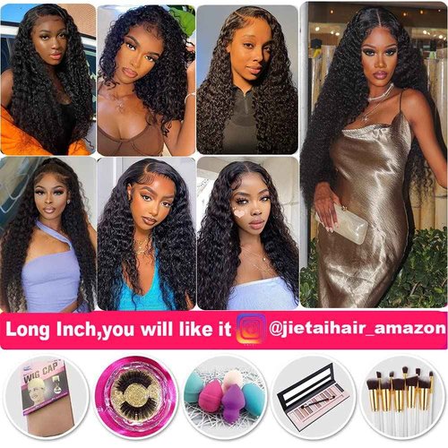 JIETAI 13X4 HD Curly Lace Front Wigs Human Hair Pre Plucked with Baby Hair 180% Density Brazilian Deep Curly Wave 10A Glueless Lace frontal Wigs Natural Color (30 Inch)