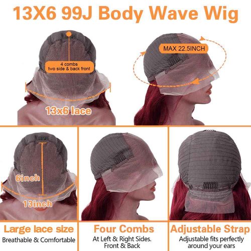 99j Burgundy Lace Front Wigs Human Hair Pre Plucked 13x6 Lace Frontal Human Hair Wigs for Black Women Body Wave Glueless Human Hair Wig 180% Density Pre Plucked Bleached Knots with Baby Hair （26 Inch）