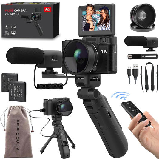 4K Digital Camera with Creator Accessory Kit 48MP Remote Control Vlogging Camera for Vloggers Autofocus Flip Screen Photography Cameras with Tripod Grip, Wide-angle & Macro lens, Mic, Batteries