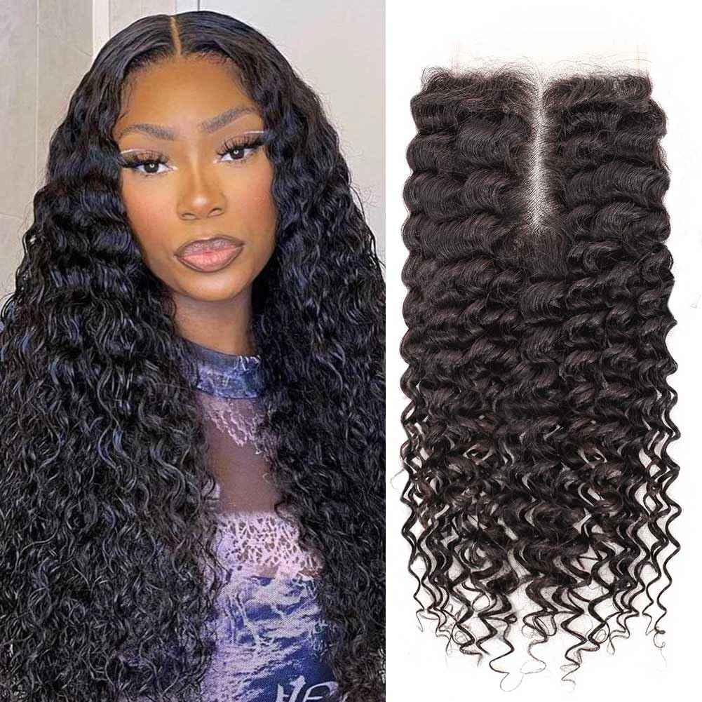 Omswet Skinlike HD Lace 5x5 Closure Human Hair Deep Wave Human Hair Closures for Black Women 12A Virgin Hair Pre Plucked Hairline Small Knots Invisible HD Lace Curly Closure 20 Inch