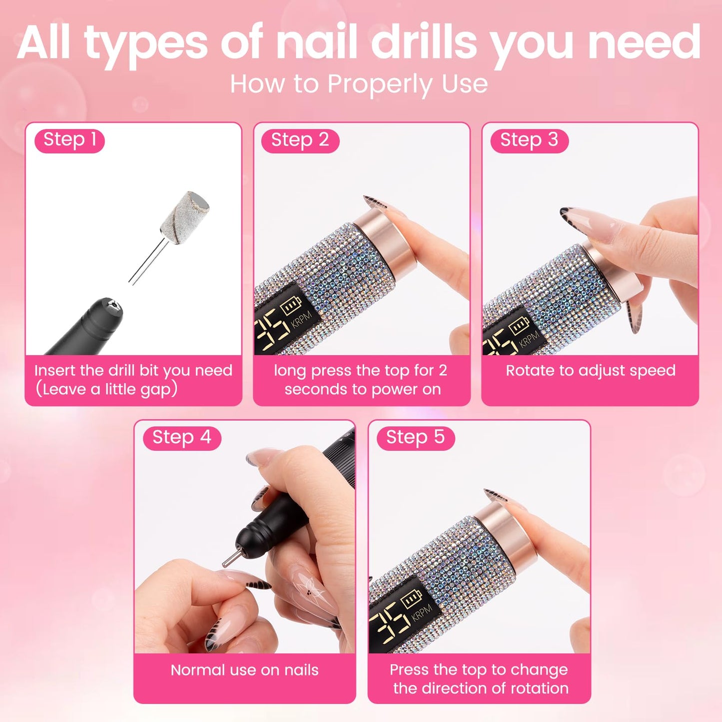 Lavinda Diamond Electric Nail Drill, Professional Rechargeable 35000RPM Electric Nail File Cordless Portable Nail Drill with Coreless Motor for Acrylic Nails (AB Rhinestone)
