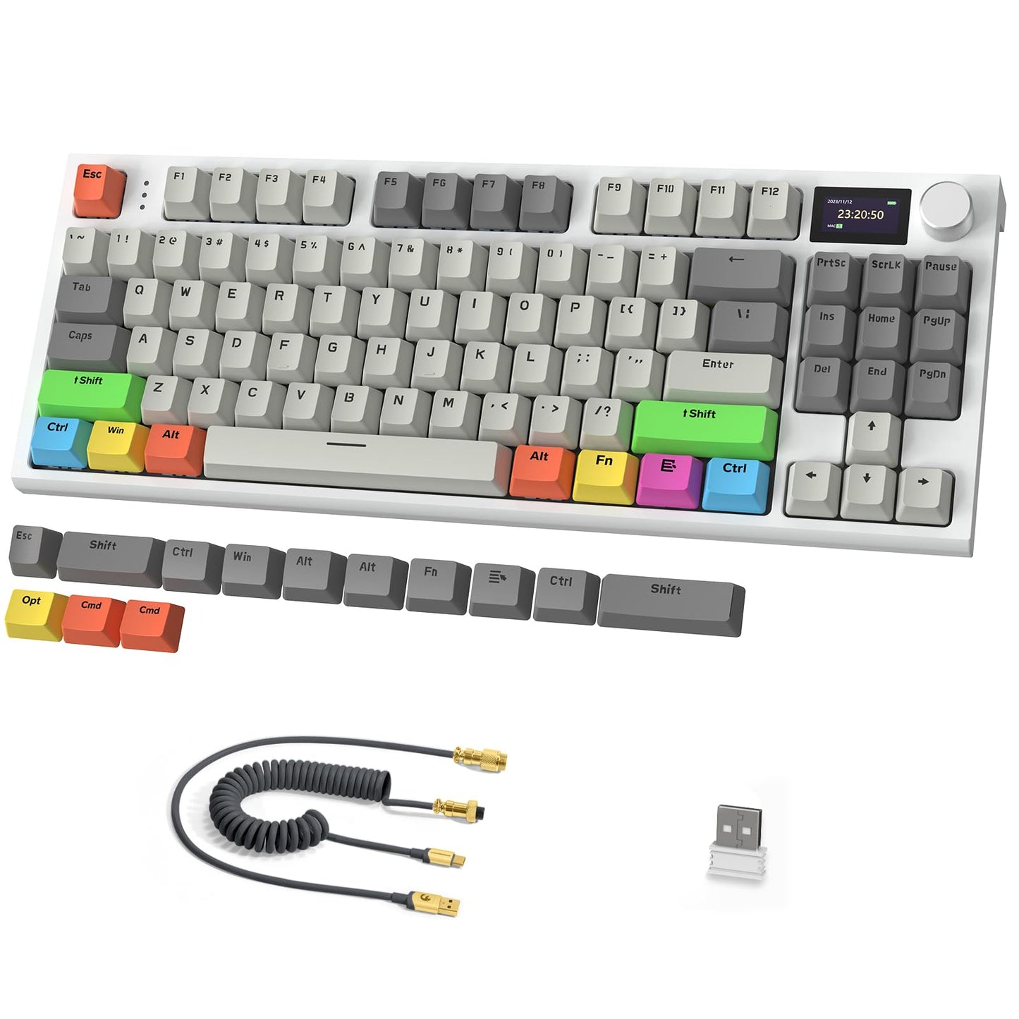 RK86 Mechanical Keyboard, 2.4G Wireless/BT5.0/USB-C Wired Gaming Keyboard 75% Layout TKL 87 Keys with 1.2'' TFT HD Color Display & CNC Knob, 27 RGB Backlit TTC Hot-Swap Linear Switch PBT Keycap - Grey