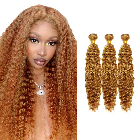 30 Inch P27/30 Human Hair Color #30 Deep Wave Bundles Peruvian Virgin Hair - Two Tone Honey Blonde Mixed With Brown - Double Weft Hair Weave