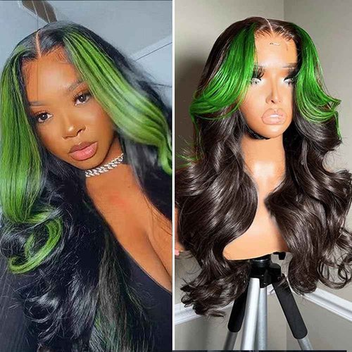 JYZ Skunk Stripe Human Hair Lace Front Wigs Green Highlights Wig Wavy 13X4 HD Lace Front Wigs Human Hair 200% Density Pre Plucked with Baby Hair 22inch Middle Part
