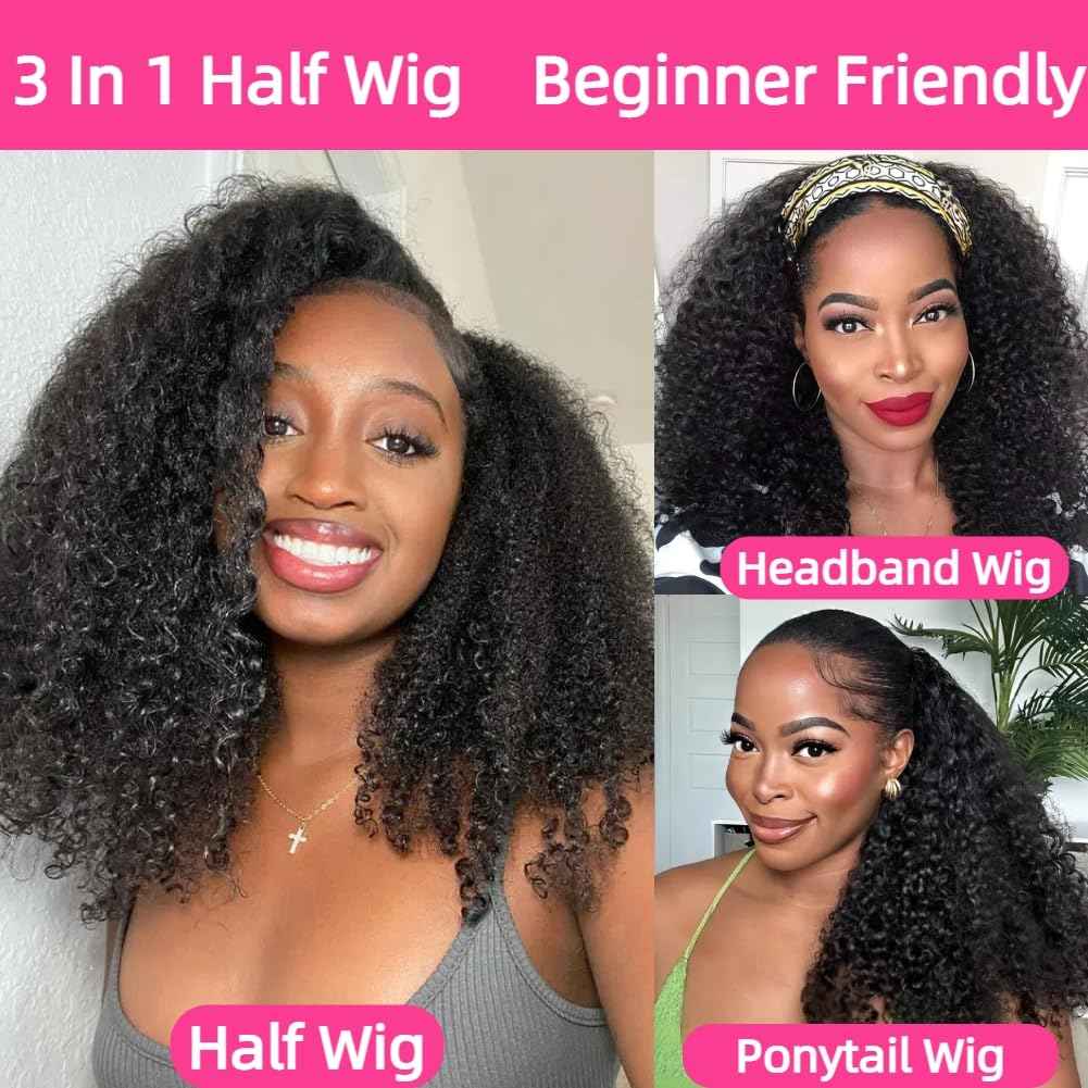 Jilnor Curly Half Wig Human Hair 200% Density Seamless Flip Over Wig Wear and Go Glueless Drawstring Wig Human Hair for Women 3 In 1 Deep Curly Headband Wig Beginner Friendly 22 Inch