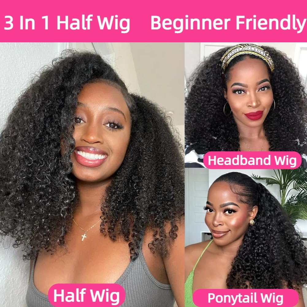 Jilnor Half Wig 200 Density Kinky Curly Half Wig Human Hair Glueless Wear Go Curly Wig Beginner Friendly Seamless Flip Over Wig with Drawstring 3 In 1 Headband Wig for Women 16 Inch