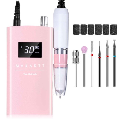 Makartt Electric Nail Drill - 30000RPM Rechargeable E File, Perlarie Pearly Pink Portable Nail Grinder with Drill Bits & Sanding Bands for Manicure Salon Home Use