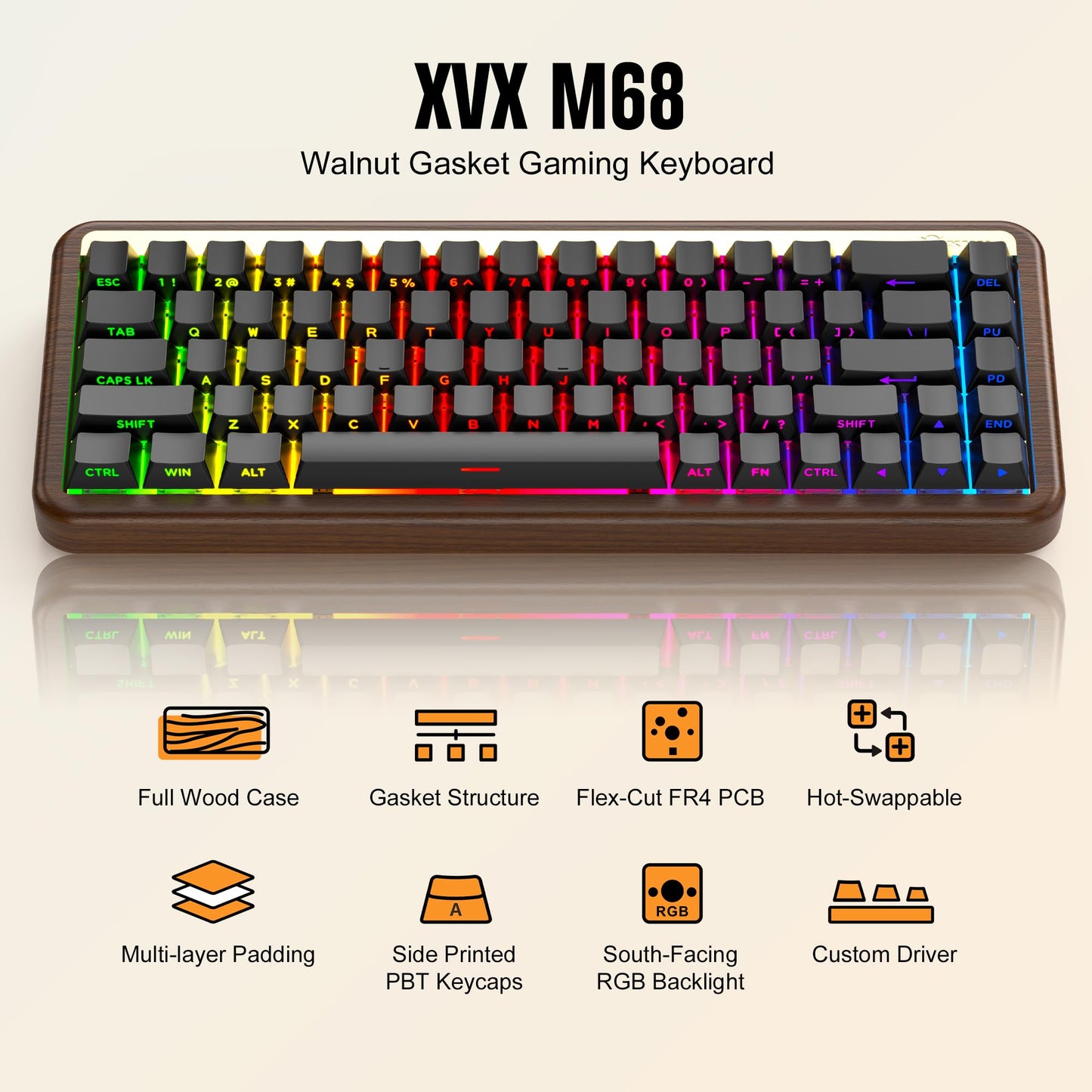 XVX M68 60% Mechanical Keyboard with Walnut Wooden Case, Gasket-Mounted Retro Gaming, Pre-lubed POM Switches, Hot Swappable Custom Wired, RGB Backlit, Cherry Profile