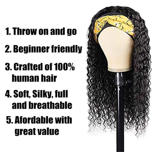 Lauberita Headband Wig Human Hair for Women Long Curly Hair Deep Wave Wig 24 Inch Natural Color