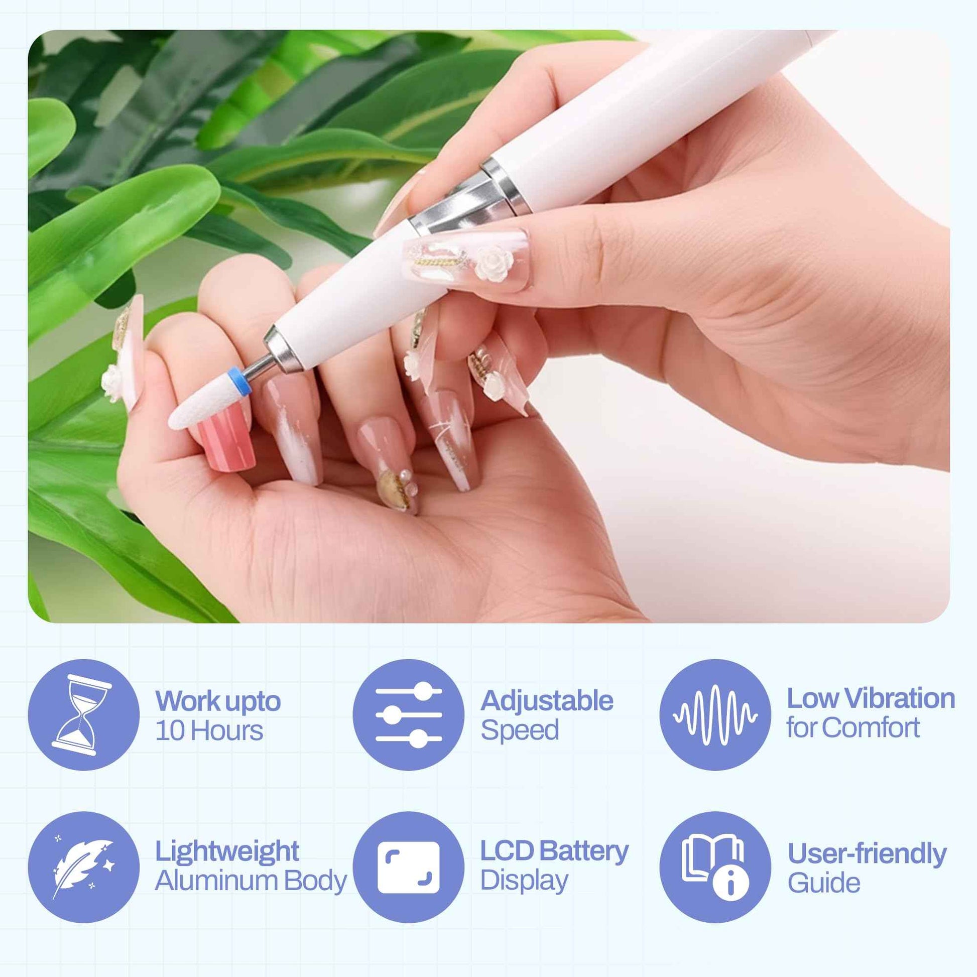M GEM Brushless Nail Drill 35K RPM | Professional Cordless Efile Machine | Rechargeable Electric Nail File with Bits | Portable Quiet Low Vibration Tool for Acrylic, Gel, Natural Nails (White)
