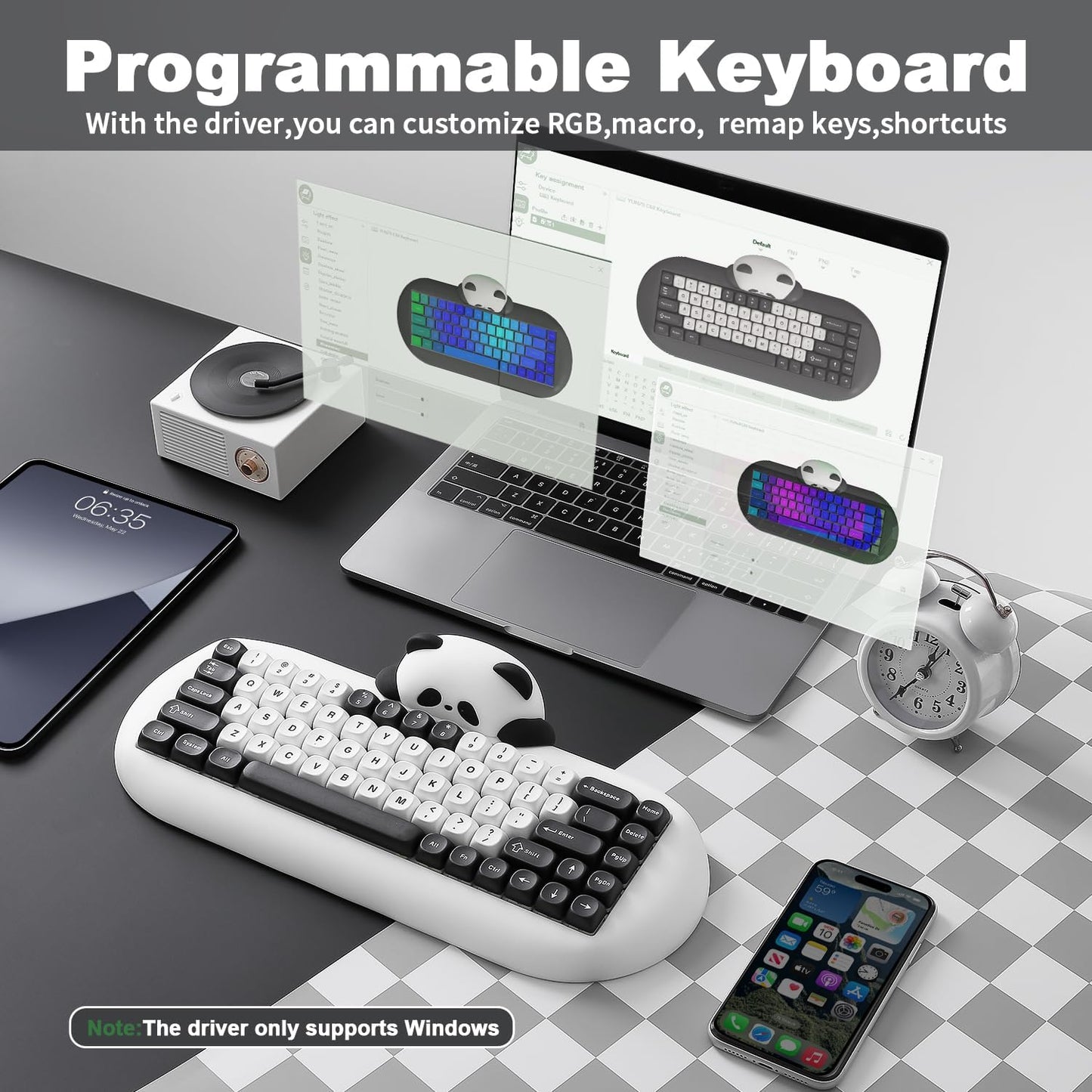 YUNZII C68 Panda Wireless Mechanical Gaming Keyboard, 68 Keys Cute Layout with PBT Keycaps,RGB Backlit, Hot Swappable,Creamy Switches,BT5.0/2.4G/Wired for Win/Mac(Black,Panda Switch)