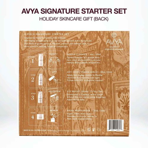 Avya Skincare Discovery Starter Set | Anti-Aging | Gentle Cleanser (15ml) + Anti-Aging Power Serum (10ml) + Eye Bright Cream (5ml) + Night Moisturizer (10ml)