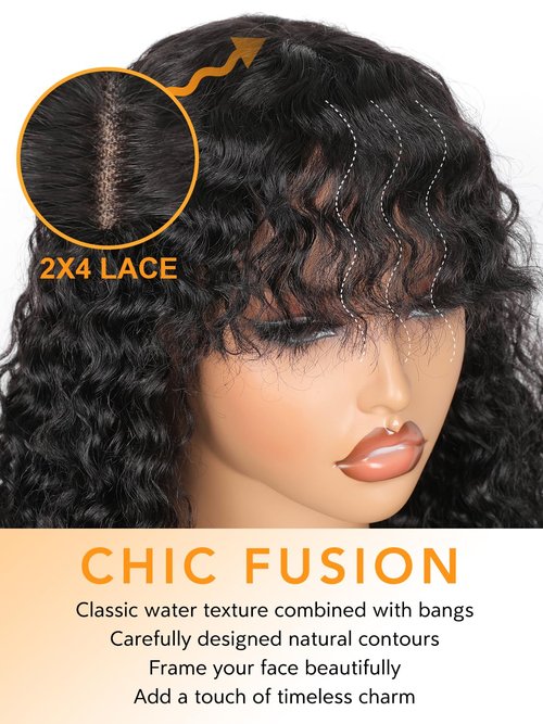Bob Wig with Bangs Human Hair Water Wave 2x4 HD Lace Closure Front Curly Wigs Human Hair Bang Wig 220 Density Glueless Wear and Go for Beginners 100% Brazilian Human Hair for Black Women 12 Inch