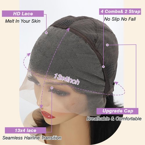 Beauty Queen 13x4 Lace Front Wigs Human Hair Straight 16 Inch Human Hair Wig Pre Plucked 220 Density HD Lace Frontal 16A Real Remy Human Short Hair Glueless Wigs for Women Natural Black Color