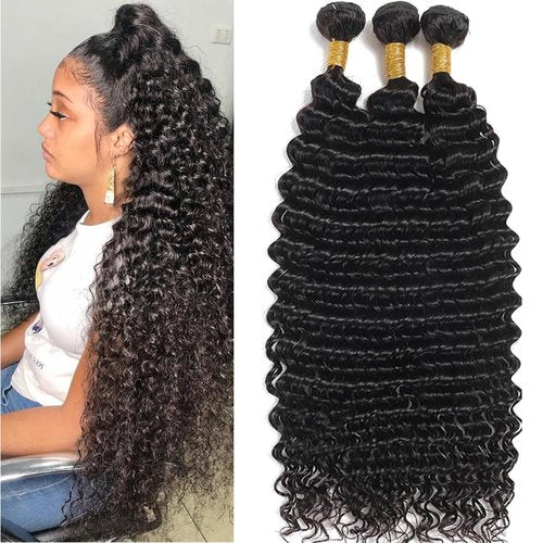 Flyzhuim Deep Wave Bundles Human Hair 16 18 20inch Brazilian Virgin Hair Deep Wave Human Hair Bundles Natural Black Wet And Wavy Deep Wave Curly Bundles 300G