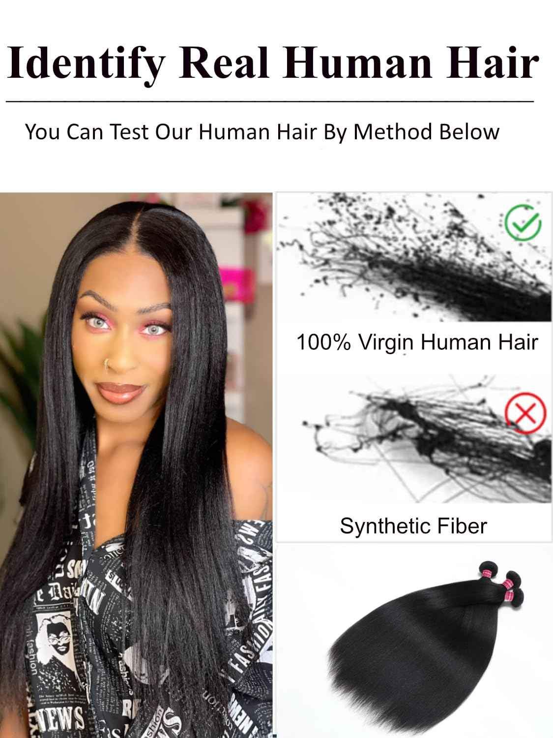 KLAIYI Yaki Straight Bundles Human Hair Weaves Unprocessed Real Virgin Hair Sew In Extensions One Bundle Of 20Inch, 12A Kinky Straight Double Wefts for Women Cllip In Light Yaki Natural Black Color