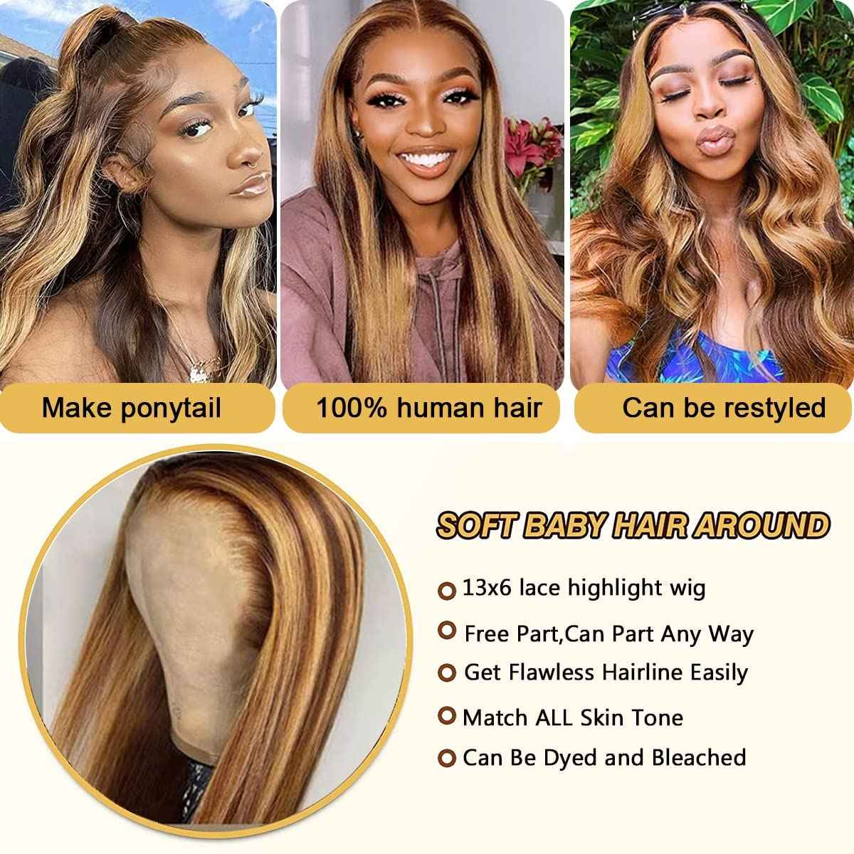 250% Density Highlight Ombre Lace Frontal Wig 13x6 Human Hair Honey Blonde HD Lace Front Wig Pre Plucked with Baby Hair brown 4/27 Colored Straight Lace Front wig Glueless for Women Natural Hairline