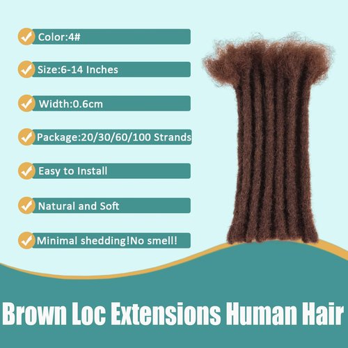 Viovian 0.6cm Dark Brown Dreadlock Extensions Human Hair 8 Inch 60 Strands Natural Soft Loc Extensions Human Hair Dread Extensions for Men Dreads Color 4#
