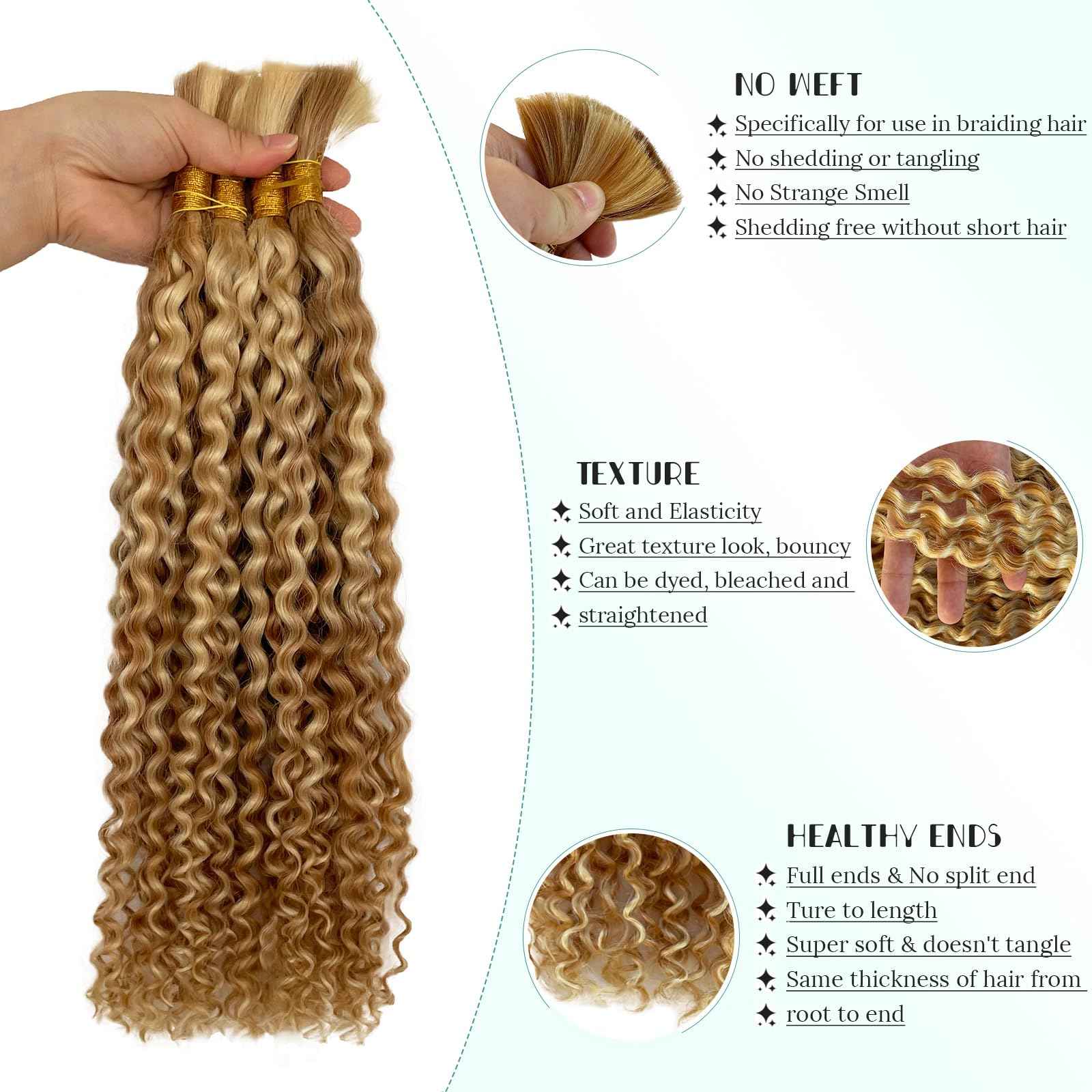 Highlighted Human Braiding Hair 24 Inch Water Wave Bulk Human Hair for Braiding No Weft 100% Unprocessed Ombre Blonde Curly Micro Human Hair Braiding Hair Extensions for Boho Braids Wet and Wave 100g