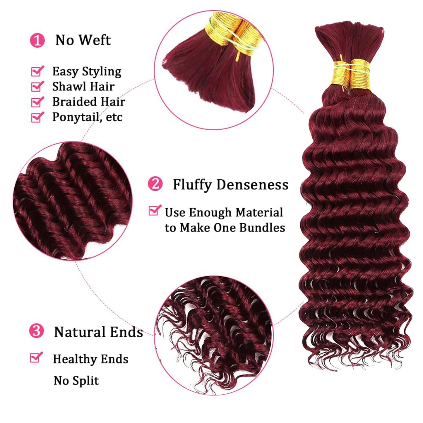 Human Braiding Hair 2 Bundles 100g 28Inch Deep Wave Bulk Human Hair for Braiding No Weft Curly Braiding Hair Bulk Curly Human Hair for Boho Braids 12A Brazilian Virgin Hair Extensions 99J