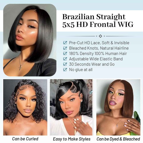 EQ DUOUPA Wear and Go Glueless Wig Bob Wig Human Hair 180% Density HD Lace Closure Human Hair Glueless Wigs for Black Women 5x5 Closure Wigs Pre Plucked 14 Inch